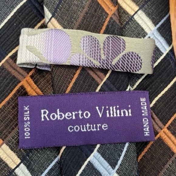 Roberto Villini Couture 100% Silk Neck Tie Brown Tan Silver Stripes Classic - Picture 5 of 5